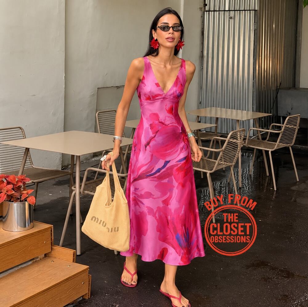Zara NWT Pink Satin Printed V Neck Midi Dress M
